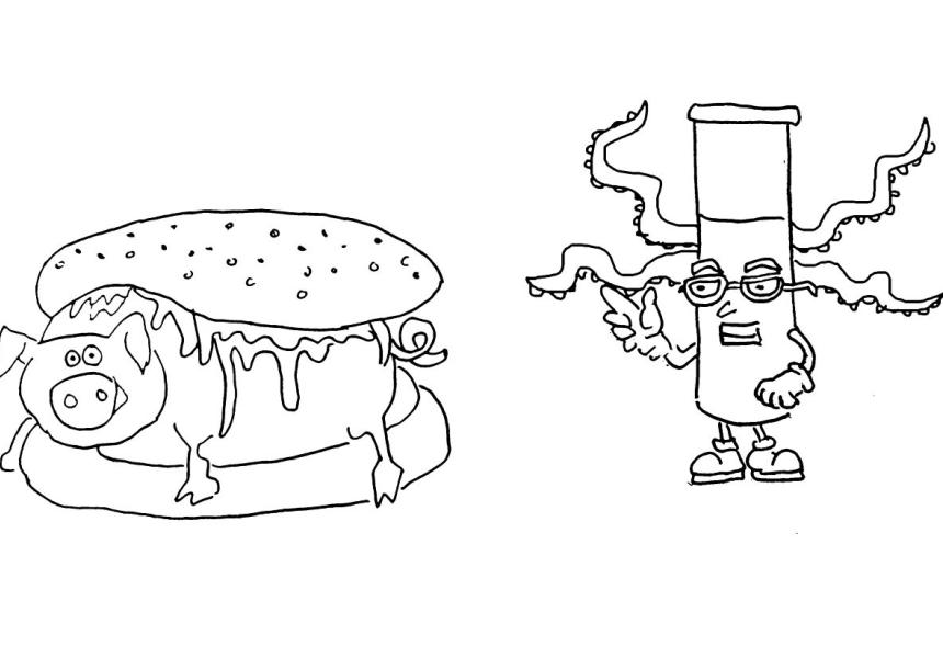 The Hotdog and Mr. Franky Tube, and Shark Ketchup Standing Beside Him