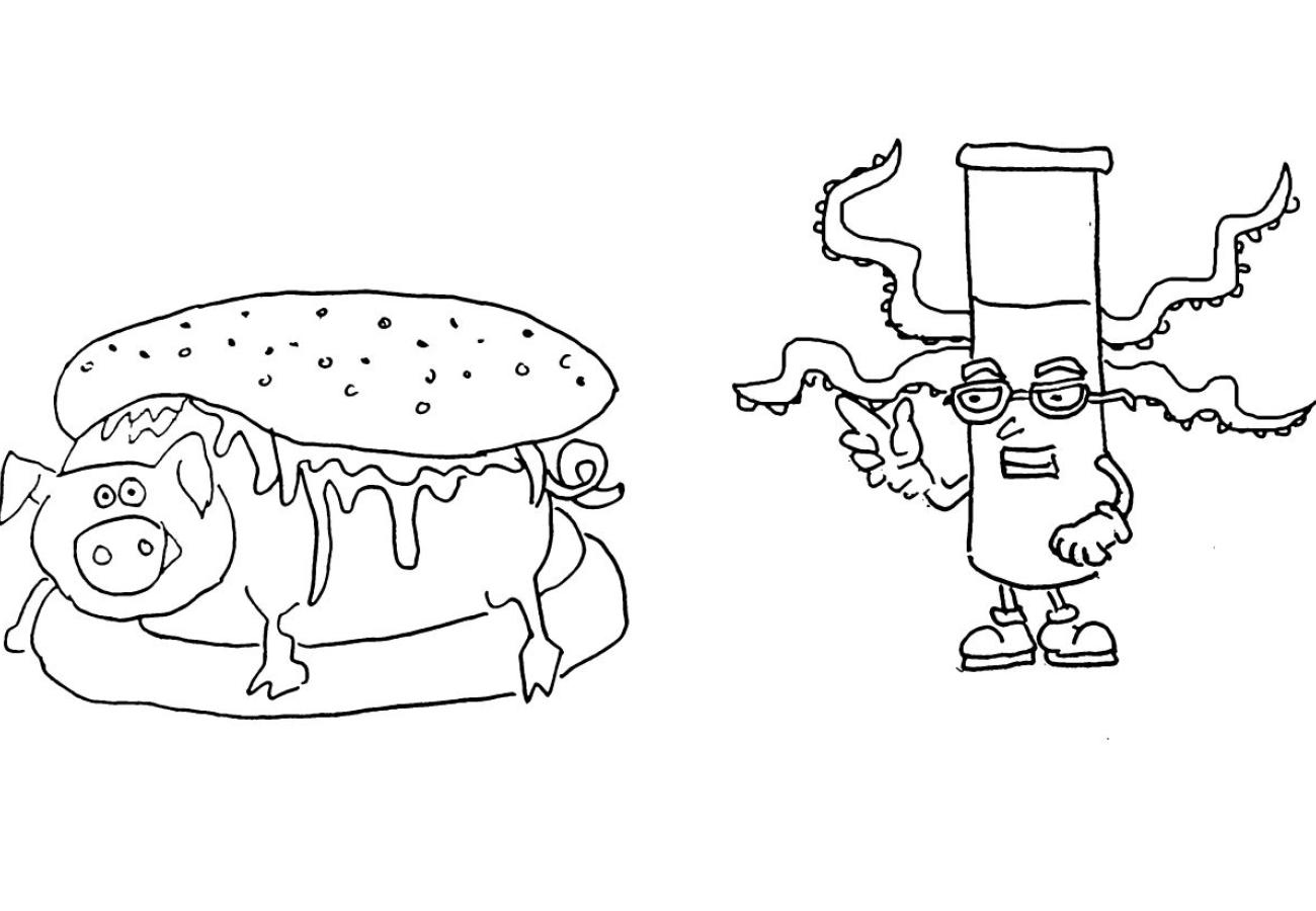 The Hotdog and Mr. Franky Tube, and Shark Ketchup Standing Beside Him